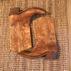 Vintage 60s Blonde Patina Leather Cowboy Boots Stacked Heel Sears Womens 9.5 10